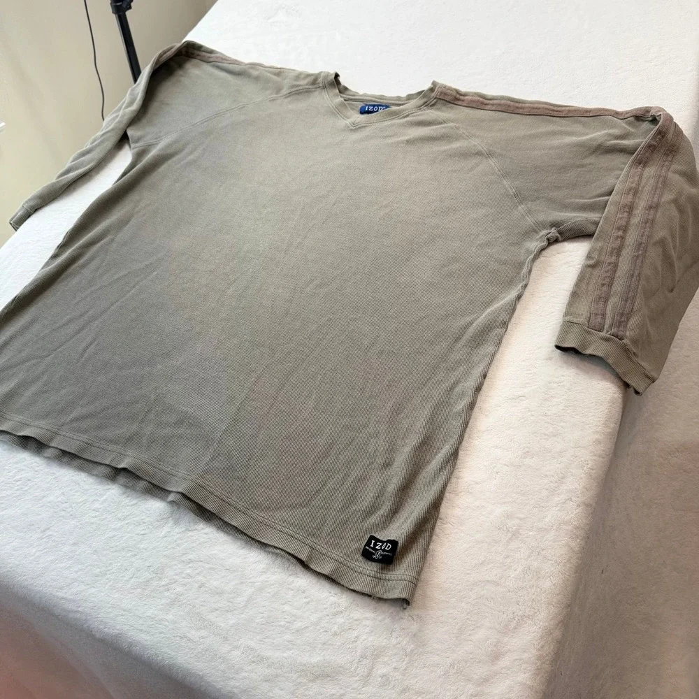 IZOD Waffle Knit Pullover Mens XL Sage Green Good Striped Shoulder Thermal
